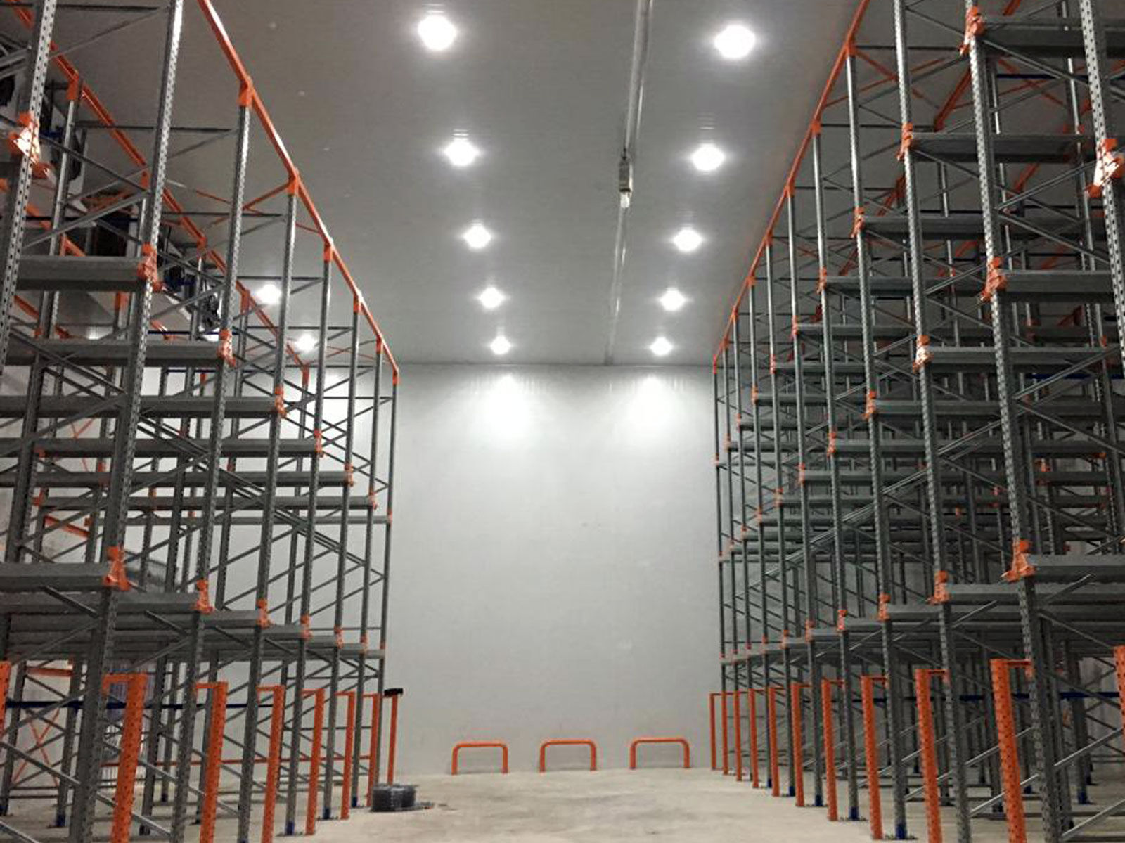 Finished WMK cold room with orange storage racking and ceiling lights
