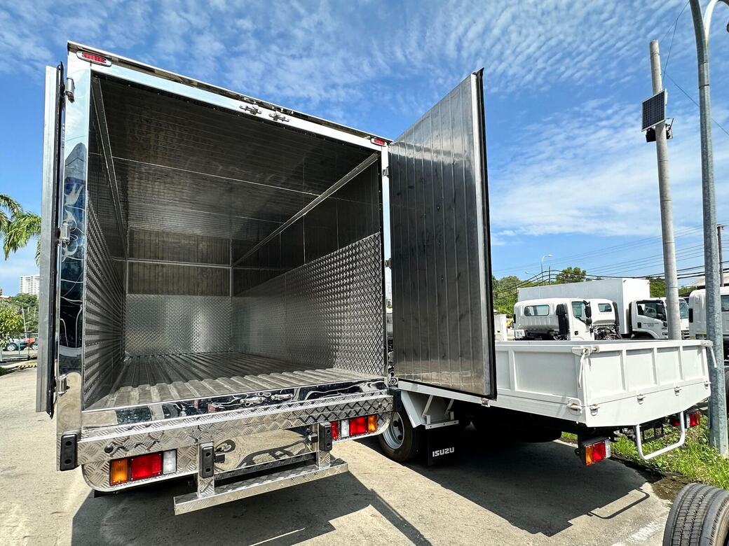 Open rear doors of an insulated truck body with metal interior