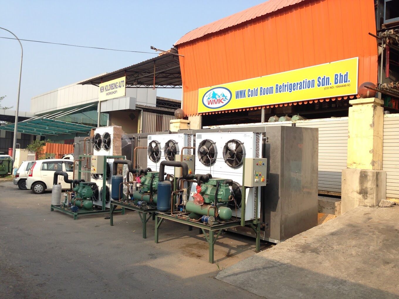 Condensing units lined up outside the WMK Cold Room workshop